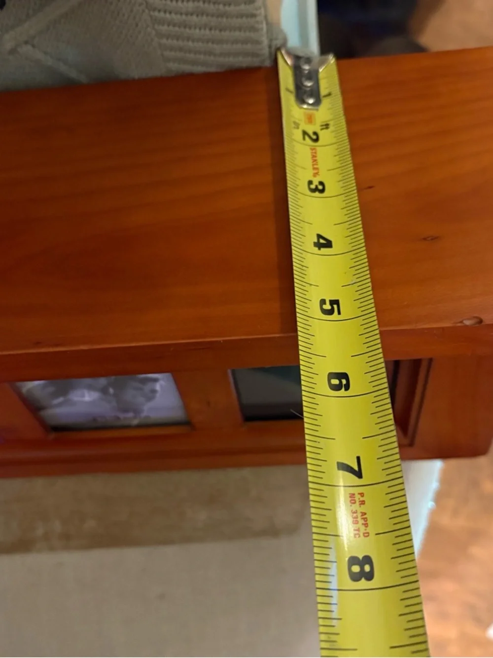 22’ Wall Hanging Wooden Shelf W/5 2.5x2.5’ Picture Framed Border W/glass Inserts